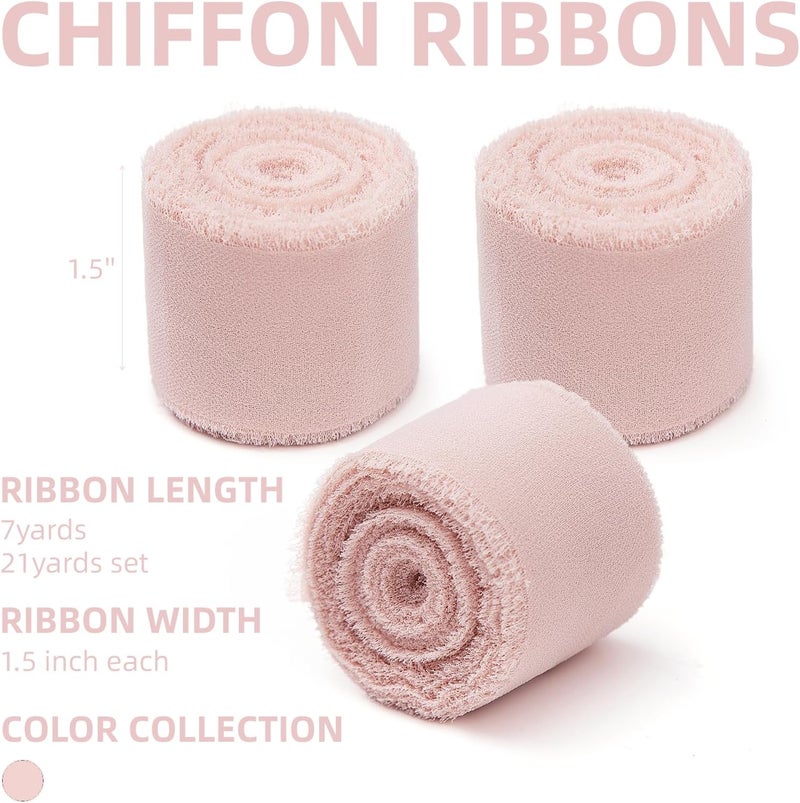 KEOSREE 3 Rolls Light Pink Handmade Chiffon Ribbon,1.5" x 21Yd Frayed Fringe Silk Ribbons (3 Rolls *7Yd) for Gifts Wrapping, Wedding Invitations, Bridal Bouquets, Decorations - Image 2